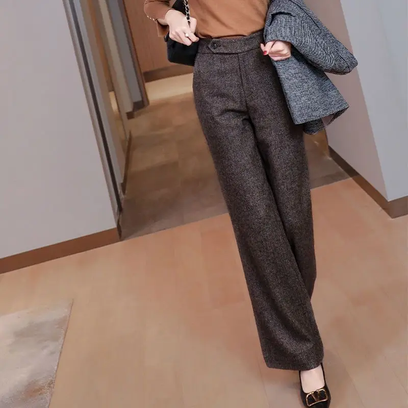 2023 Autumn Winter Women Retro Tweed Wide-leg Pants Female Loose Straight Trousers Ladies High Waist Casual Woolen Pants F66