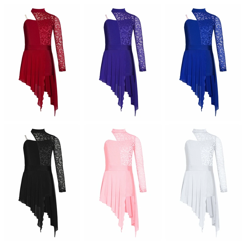 Kids Lyrical Modern Dance Costume Girls Hollow Back Shiny Sequins Decorated Irregular Hem Slit Dance Dress