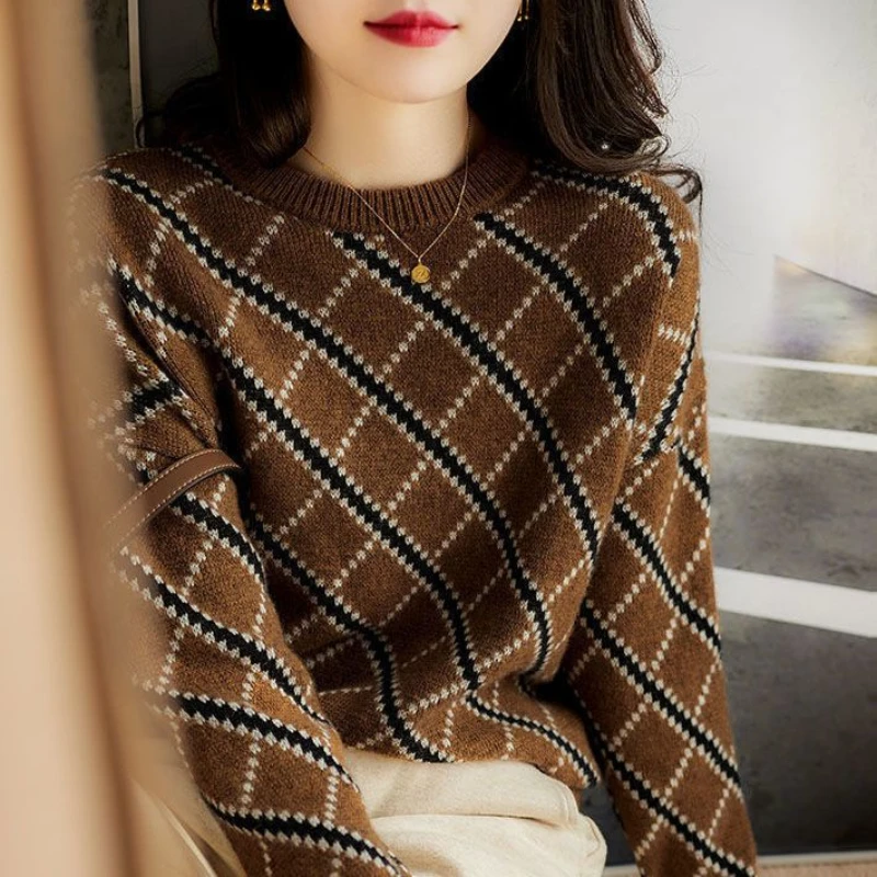 Pullover Round O Neck Brown Women's Sweater Graphic Knit Tops for Woman Plaid Y2k Vintage Tall Jersey Tricot Blouse Korean Style