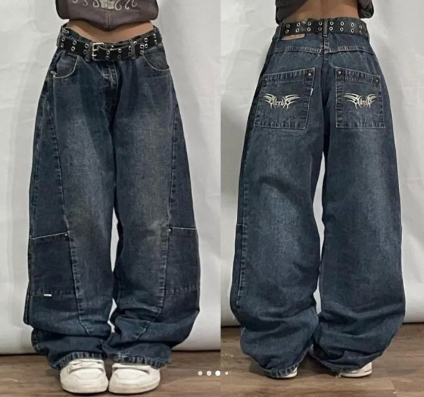 JNCO New Street High Hip-hop Retro Street Pocket Jeans Loose Wide-leg Pants Y2K Haruku Gothic High Waist Women Denim Pants INS smile
