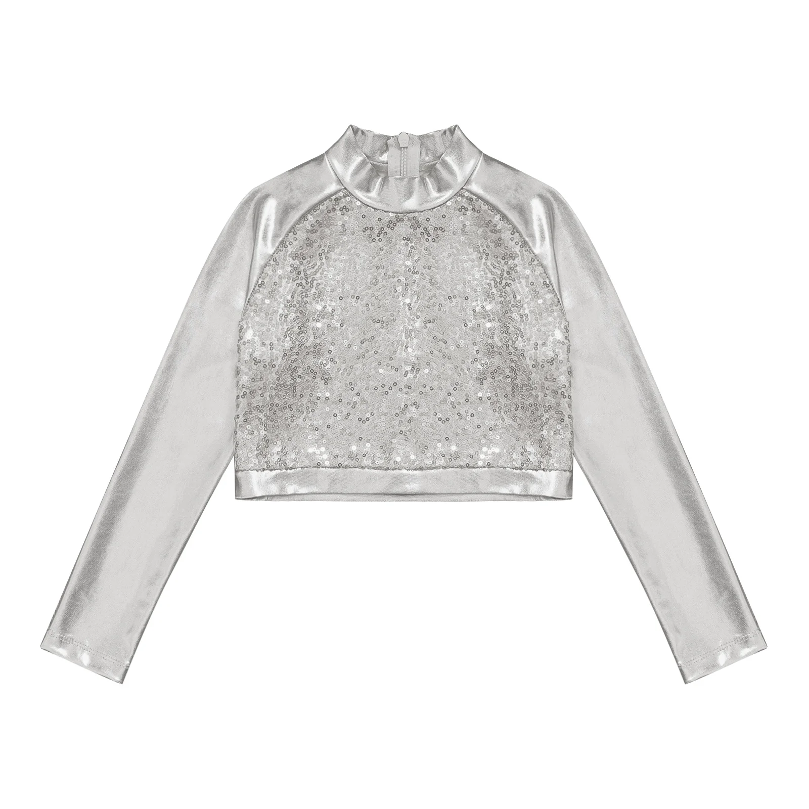 Kids Girls Shiny Metallic Crop Top Mock Neck Long Sleeve Front Sequin Fully Lined Athletic T-Shirts Jazz Hip-hop Dance Tops