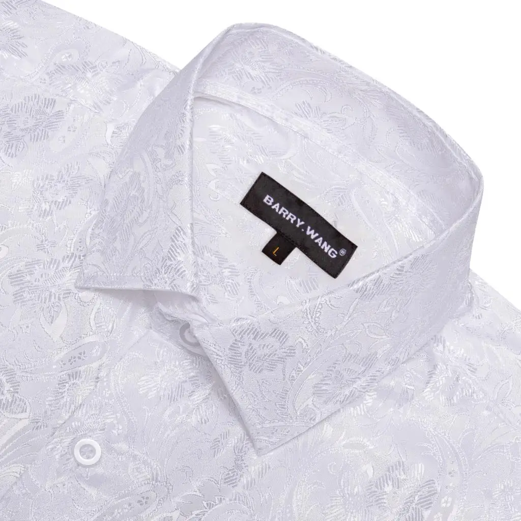 Luxury Silk Shirts for Men White Floral Long Sleeve Slim Fit Male Blouese Casual Tops Formal Streetwear Breathable Barry Wang