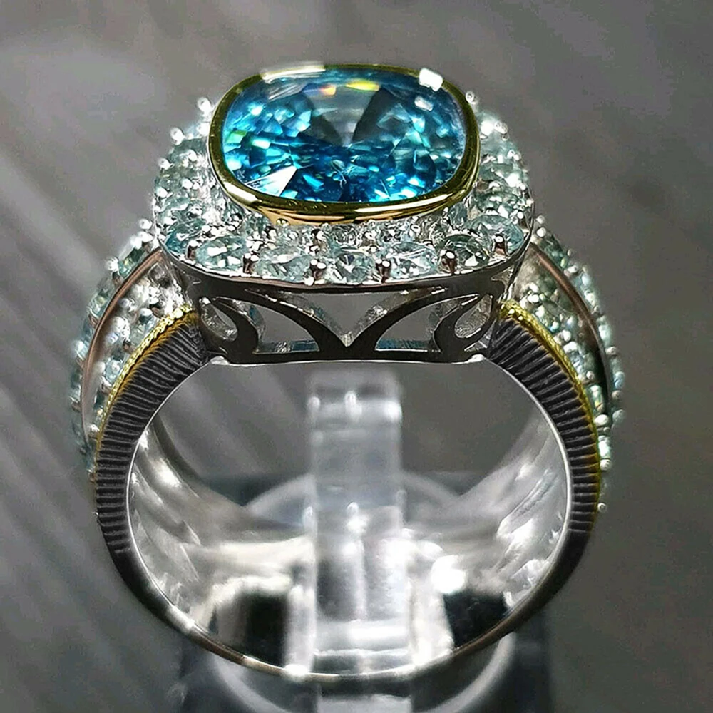 Huitan Brilliant Sky Blue CZ Women Rings Two Tone Bridal Wedding Evening Party Accessories Lady Ring Statement Jewelry Wholesale