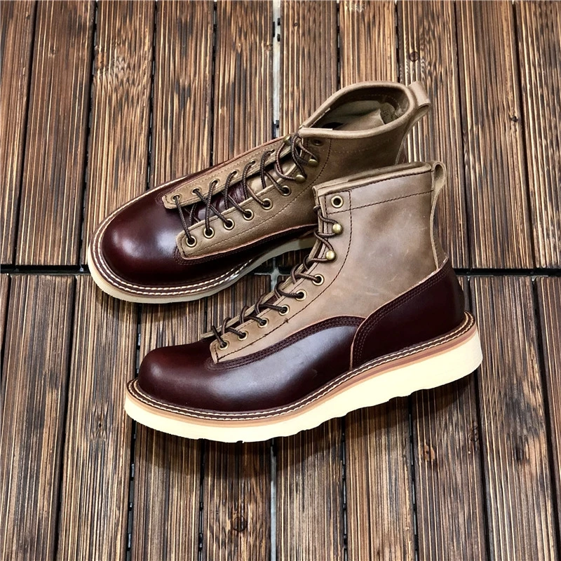 New Handmade Round Toe Vintage British Men White Cow Leather Shoes Autumn Winter Ankle Boots Work Tooling Motorcycle Boots Mixed