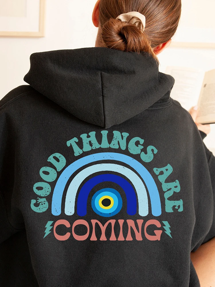 Good Things Are Coming Evil Eye Printing Women Hoodie Casual Comfortable Pullover Pocket Hip Hop Sweatshirt Street Style Clothes