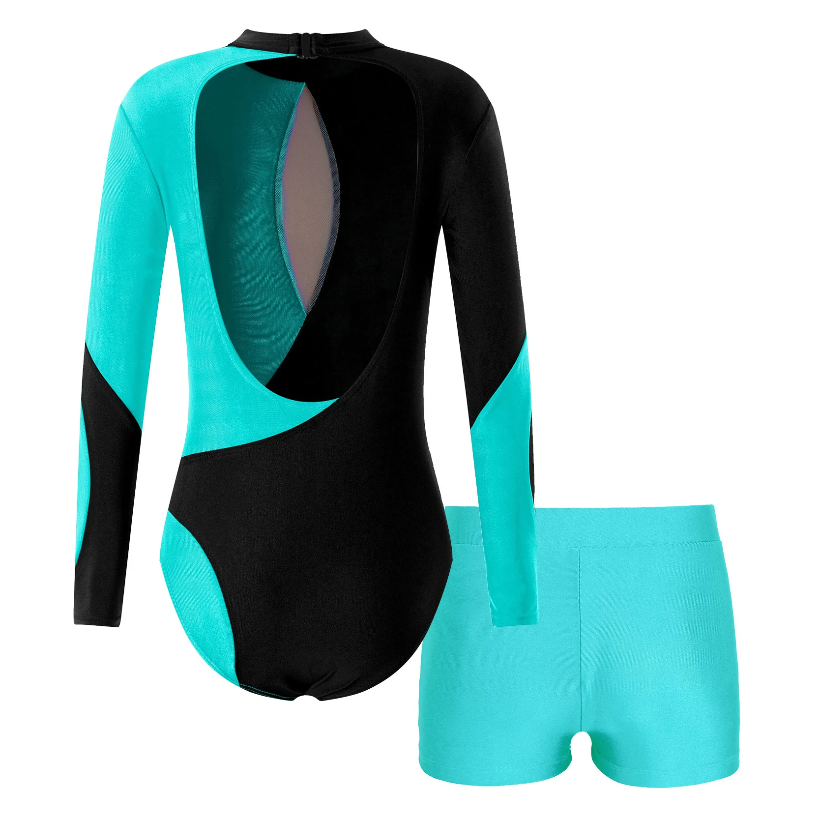 Kids Girls Ballet Dance Set Long Sleeve Rhinestones Open Back Gymnastic Figure Ice new Skating Mesh 2025 Leotard Jumpsuit and Shorts
