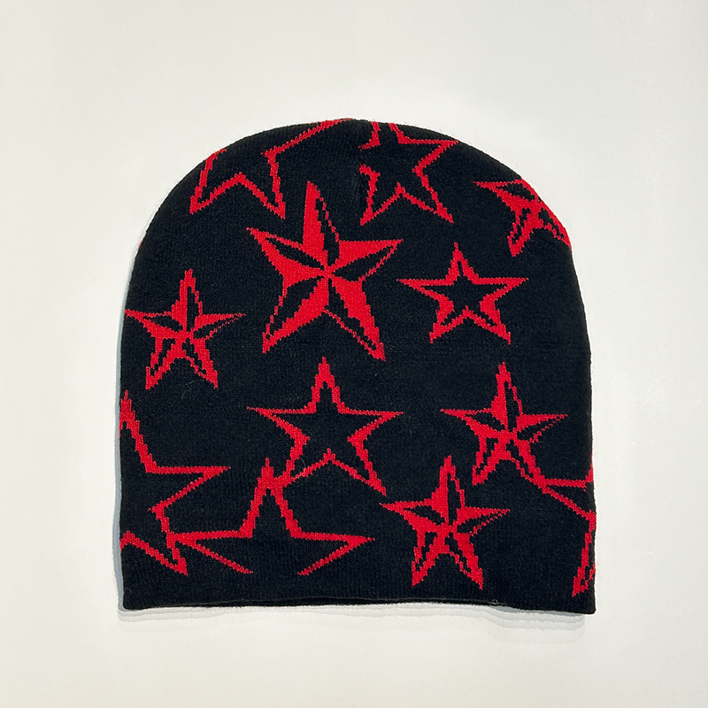 Autumn Winter Star Pentagram Knitted Vintage Men's and Women's Woolen Hip Hop Print Beanie Hat Outdoor Sports Warm Cap