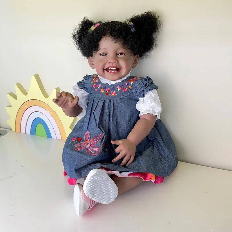24inch Mila Dark Brown Skin Reborn Toddler Girl Doll Happy Girl Soft Cloth Body Rooted Hair High Quality Hand new 2025 Painted Doll