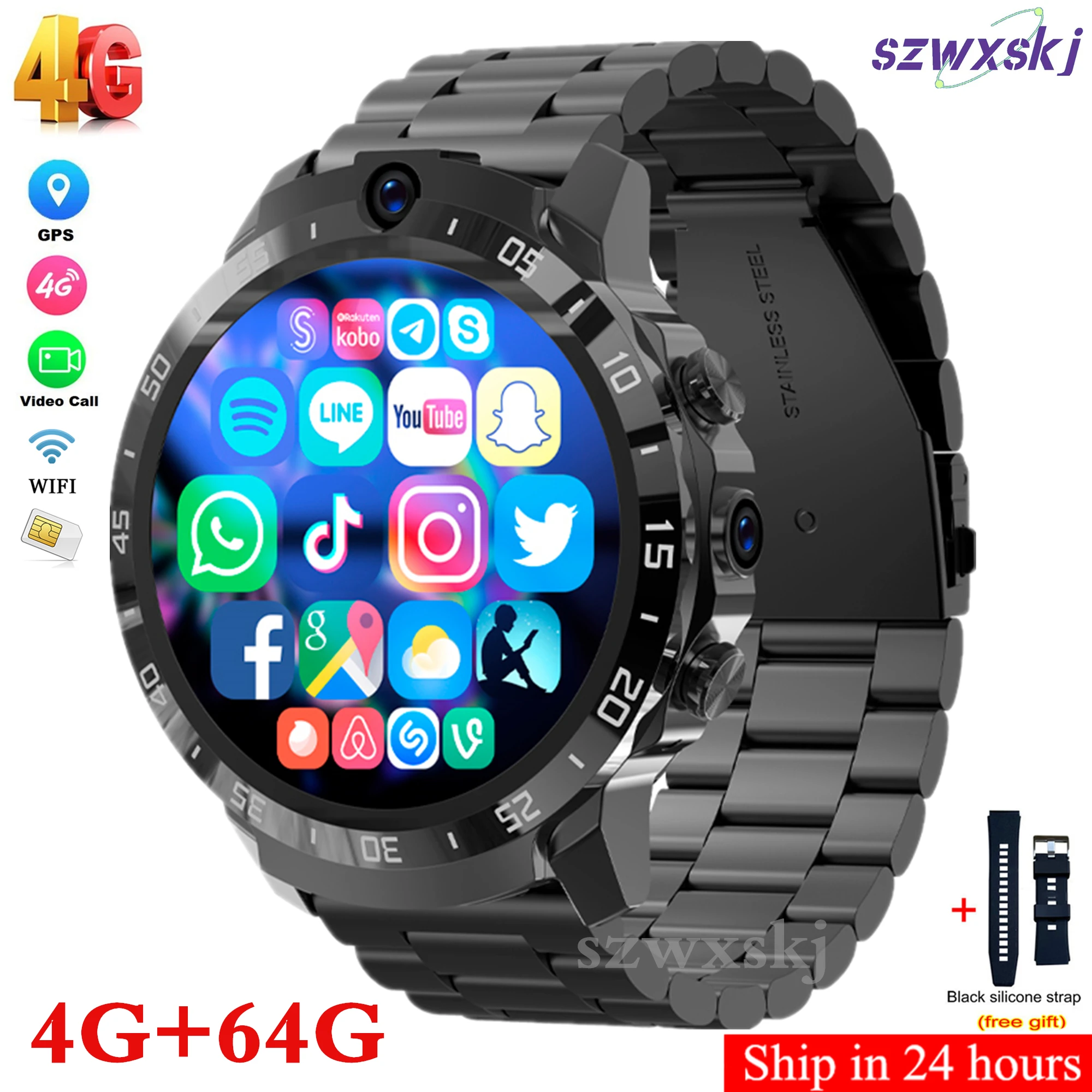 MT27 Smart Watch 4G Network SIM 4G+64G GPS Wifi Dual Camera Men Watch 4 Core Processor Waterproof IOS Android Sport Smart Watch
