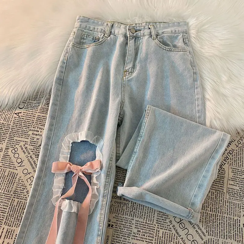 Denim Pants Sweet Bow Lace-up Lace Hole 2025 Wide Leg Pant Summer new High Waist Y2k Japan Style Jeans Women Haruku Light Blue Belt