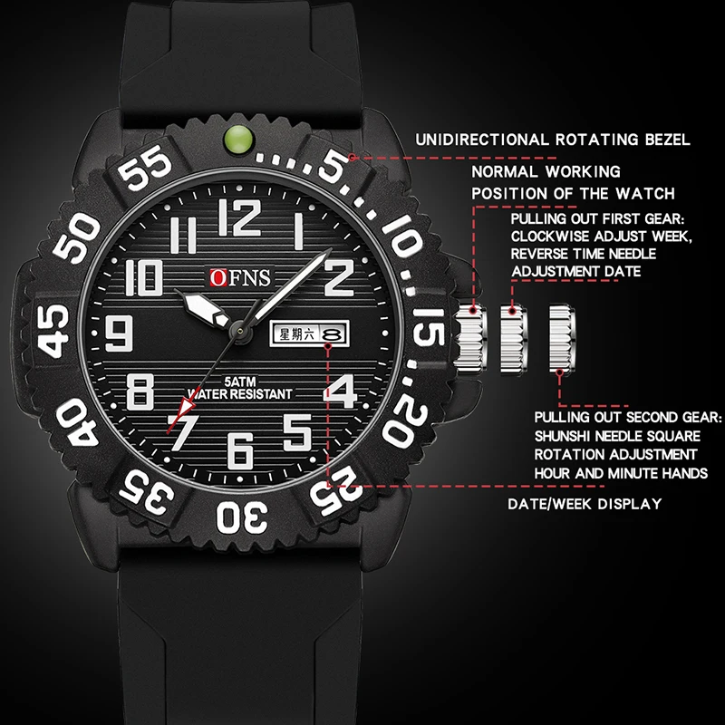 OFNS Top Brand Luxury Man Wristwatch Waterproof Luminous Date Silicone Men's Watches Sports Men Watch Casual Quartz Male Clocks