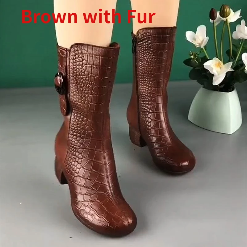 for Cowboy Women High-top Faux Leather Winter Shoes Retro Womens Boots Heeled Ankle Boot Western Warm Plush Botas De Mujer 3862 s