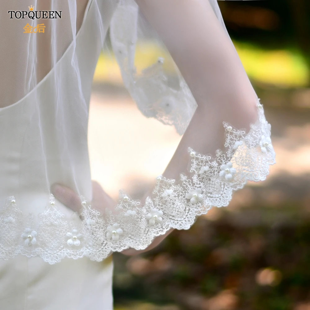 TOPQUEEN Bridal Veils with 3d Flowers Wedding Veil Short Veil Soft Elbow Length Pearl Veil with Comb Lace Edge Bride Veu V96