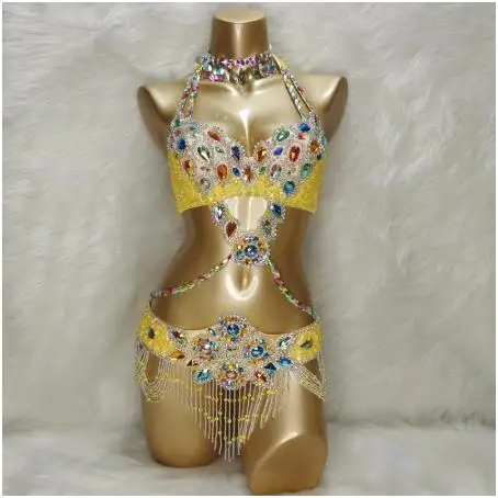Belly Dance Costume Wear Bra+Belt+Necklace 3pc Set stage show wear Sexy Women Crystal Bellydancing Suit Bellydance Clothes