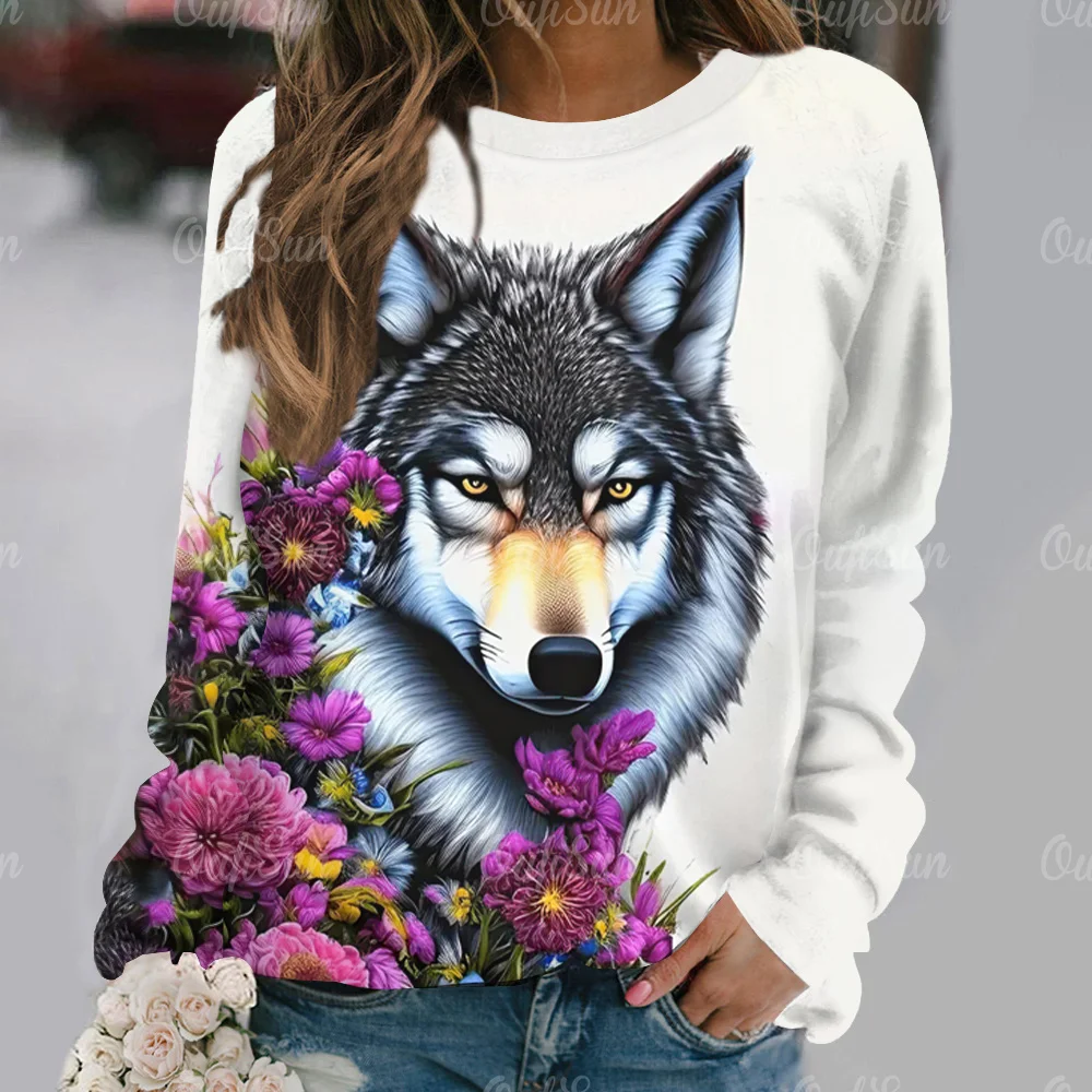 Women's T-Shirt 3D Wolf 2025 Print T Shirts for new Women O Neck Streetwear Ladies Sweater Autumn 2024 New Long Sleeve Pullover Clothes