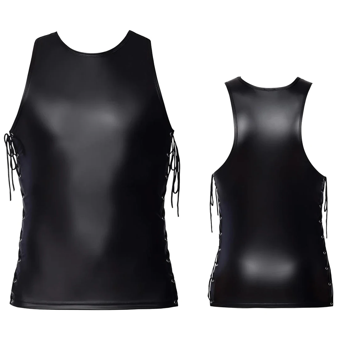 Men Faux Leather Tops and Boxer Stretch Pu Leather Short Sleeve Club Slim Bar Stage Performance Tee Elastic Blouse with Pants
