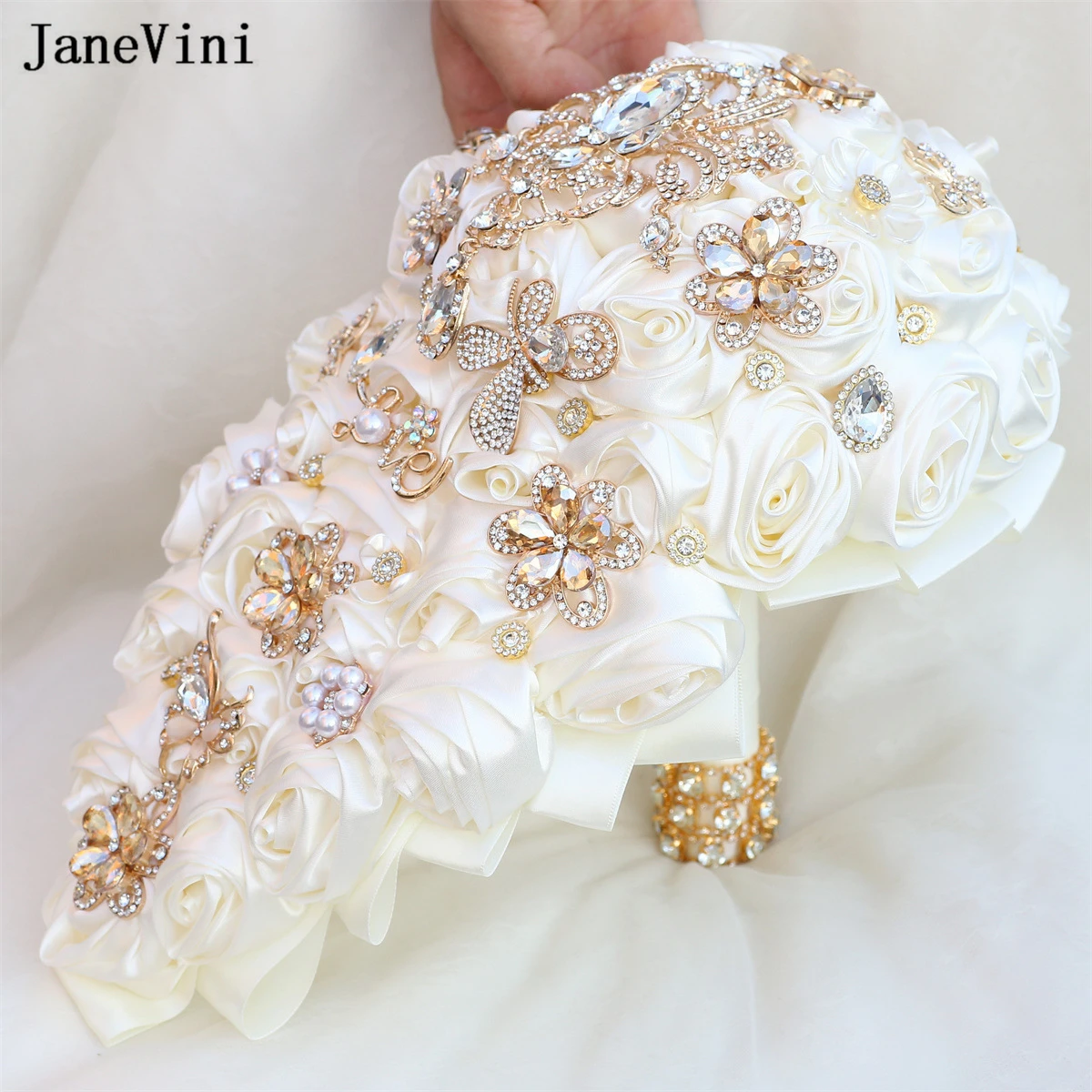JaneVini new Rhinestones Waterfall Bridal Bouquets Artificial Ivory Satin Roses Flowers Cascading Wedding 2025 Bouquet Accessories