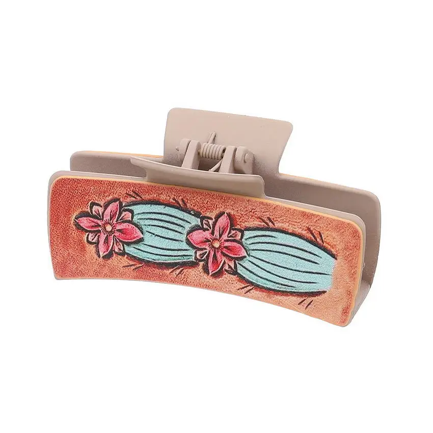 4 Inch Western Hair Claw Clip Faux Leather Sunflowers and Cactus Print Hair Accessory Clip for Women Cowgirl Jewelry Wholesale