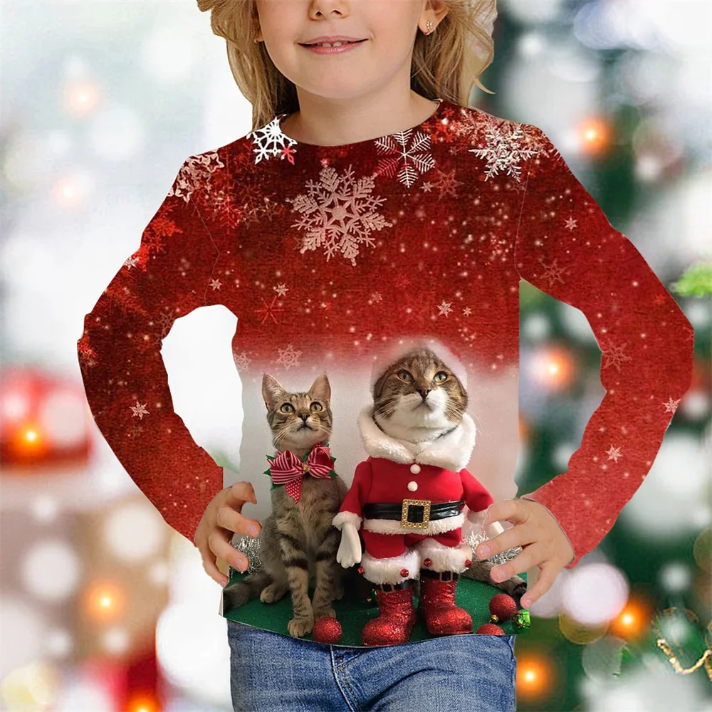 T-Shirt With Cats For Children Halloween Christmas Tree T Shirts Cat Snowman Girly Clothes From 6 To 14 Years White Kawaii Tees