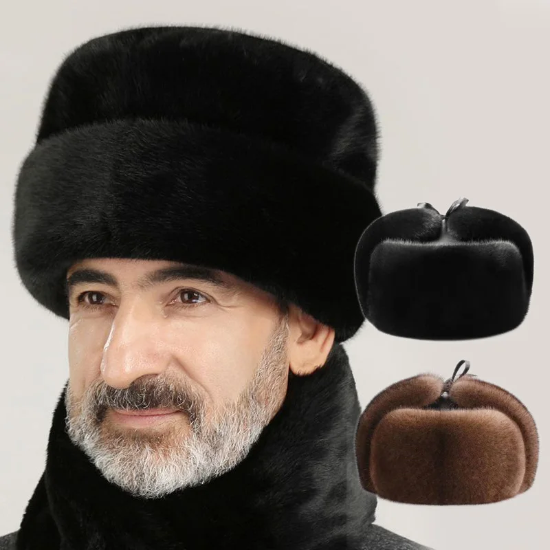 Winter Faux Mink Fur Bomber Hat Thicken Warm Plush Earflap Caps for Man Dad Grandpa Outdoor Windproof Earmuff Russian Bonnet Hat