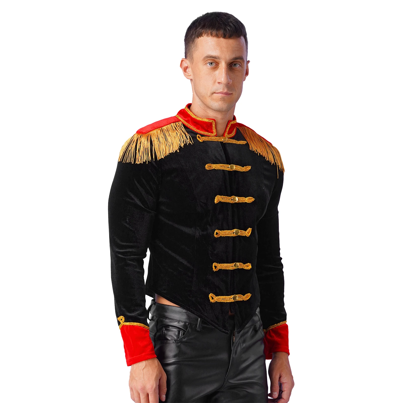 Mens Circus Ringmaster Roleplay Costume Halloween Circus Cosplay Costume Stand Collar Fringed Shoulder Board Velvet Jacket Coat