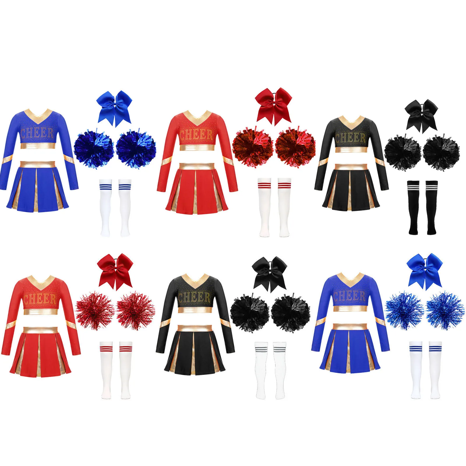 Kids Girls Cheerleading Uniform Long Sleeve Crop Top with Pleated Skirt Sets for Halloween Costume Dance Performance Competition
