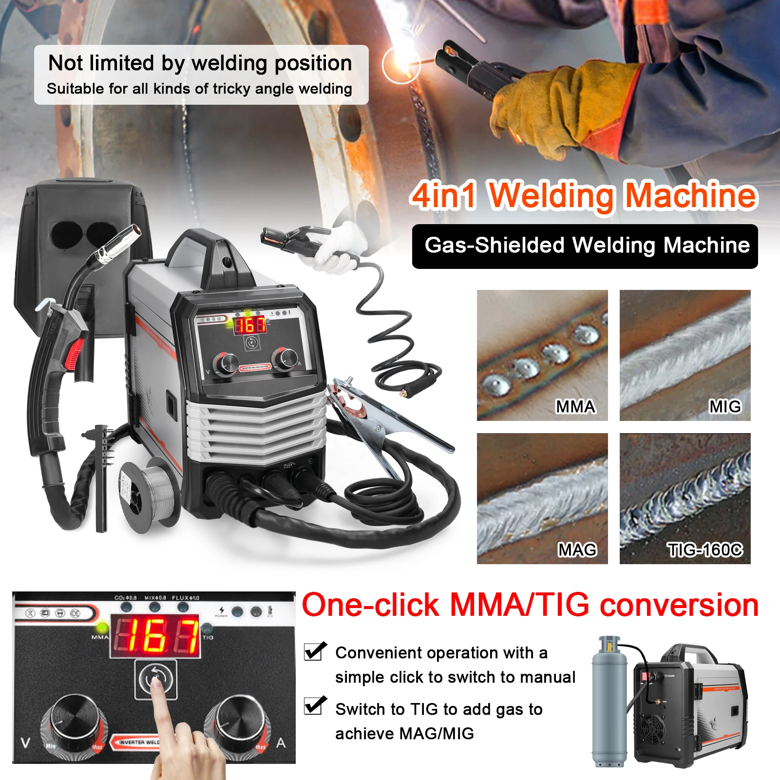 220V IGBT Inverter Welders 4in1 MIG MMA MAG TIG-160C 20A-300A Welding Machine with Automatic Wire Feeding For Home Beginner