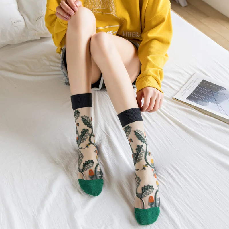 Ultra-thin Transparent Crystal Silk Socks Women Summer Creative Floral Retro Elastic Silk Trend Print Ultrathin Glass Silk Socks