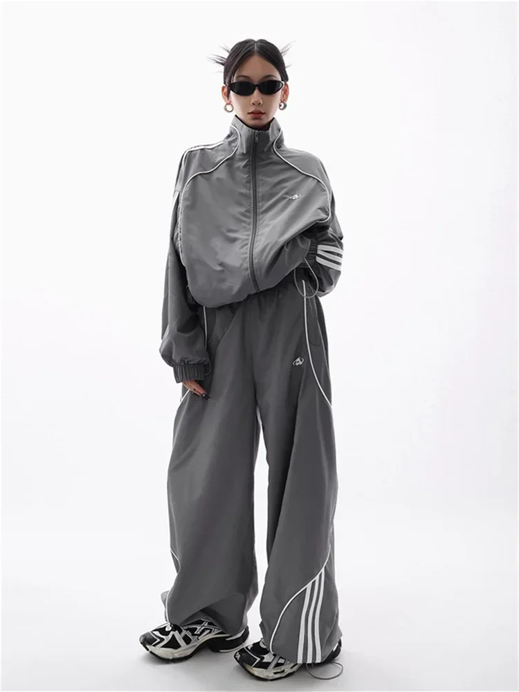 Y2K Gorpcore Pant Sets Women Streetwear Vintage 90s Two Piece Set Oversized Tracksuit Wide Leg Track Pants Hip Hop Jacket