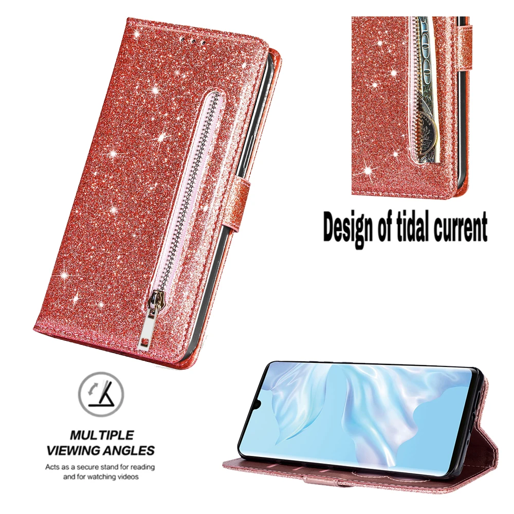 Zipper Flip Wallet Glitter Leather Case for iPhone 15 14 13 12 11 Pro Max XS XR 8 7 6 Plus SE 2022 Mini Bling Stand Phone Cover