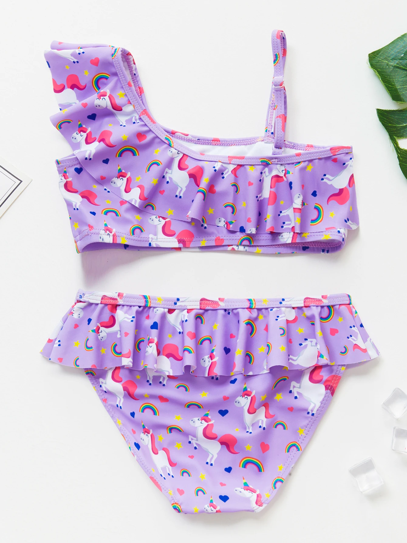 Girl's Bikini Swimsuit One-Shoulder Design Lovely Flamingo Unicorn Summer Bathing Suits