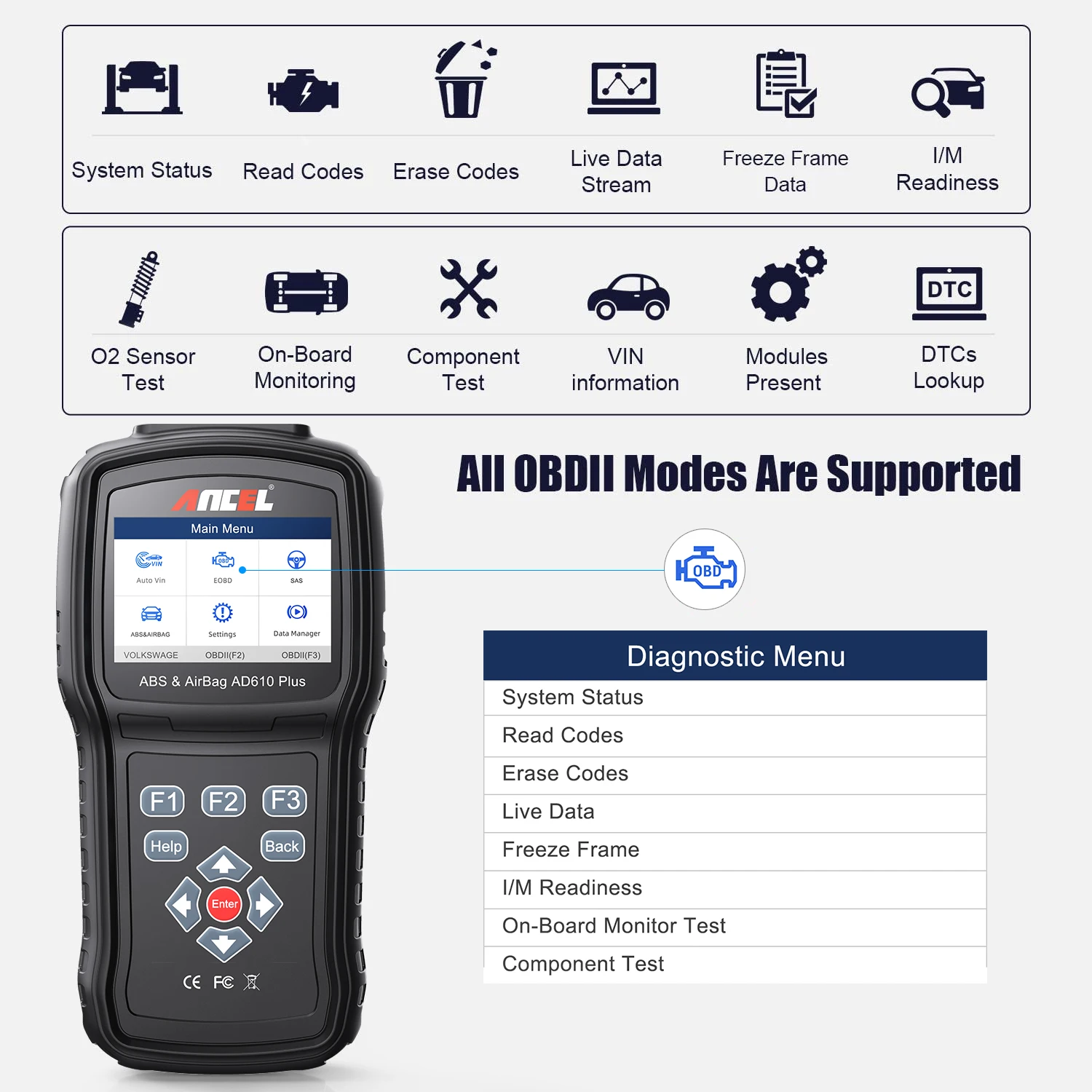 Ancel AD610 Plus OBD2 Scanner ABS SRS Airabg Reset Auto Scan Tool Automotive Check Engine Code Reader OBD 2 Car Diagnostic Tools