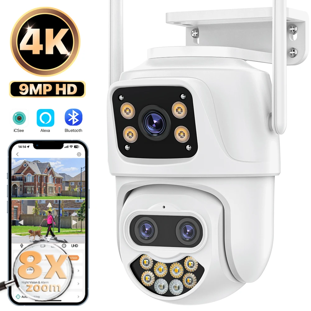Telecamera IP WiFi esterna 4K 9MP HD 8x Zoom telecamera PTZ a tre obiettivi sorveglianza di sicurezza a doppio schermo CCTV Cam 8MP Ai Tracking iCSee
