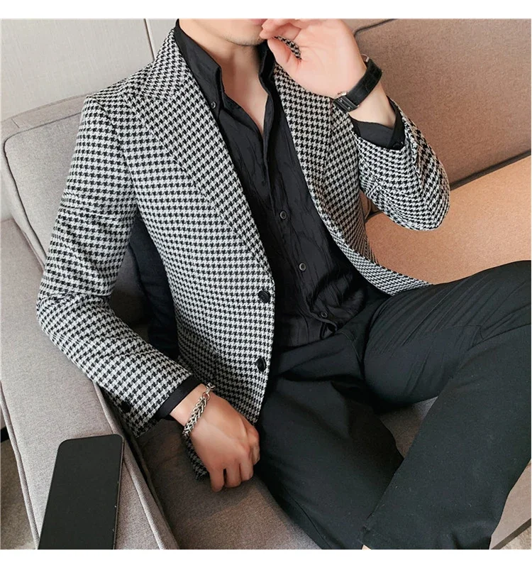 Houndstooth Men's Blazer British's Style Casual Slim Fit Suit Jacket Male Plaid Blazers 1 Pc Single Breasted Men Coat 2024
