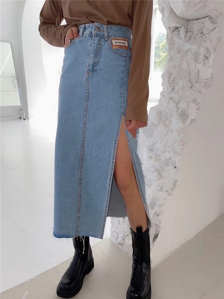 REALEFT New Summer Women's Long Denim Skirts Vintage 2025 High Wasit Jeans new Skirt Straight Side Split A-line Pencil Skirts Female