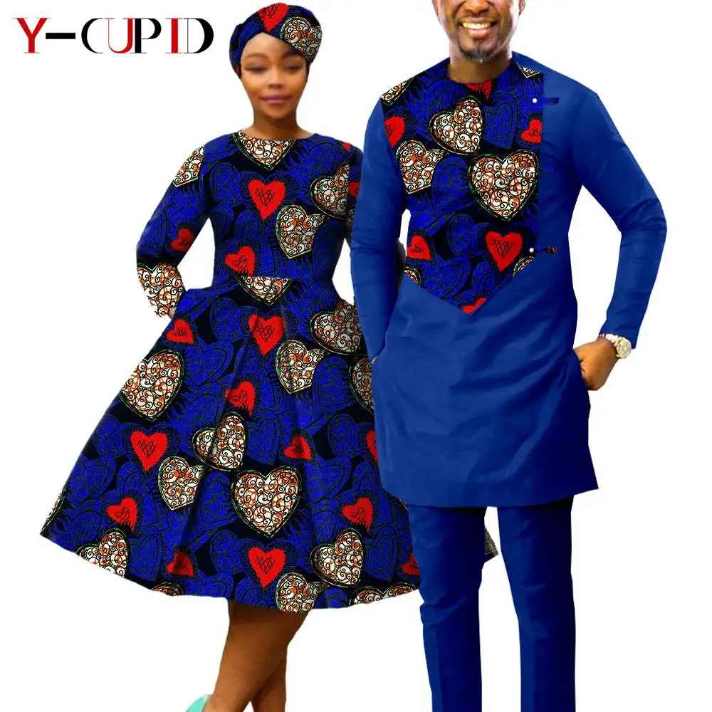 African Print Dresses for Women with Headwrap Matching Couple Outfits Dashiki Men Long Sleeve Pathwork Top and Pant Sets Y23C004