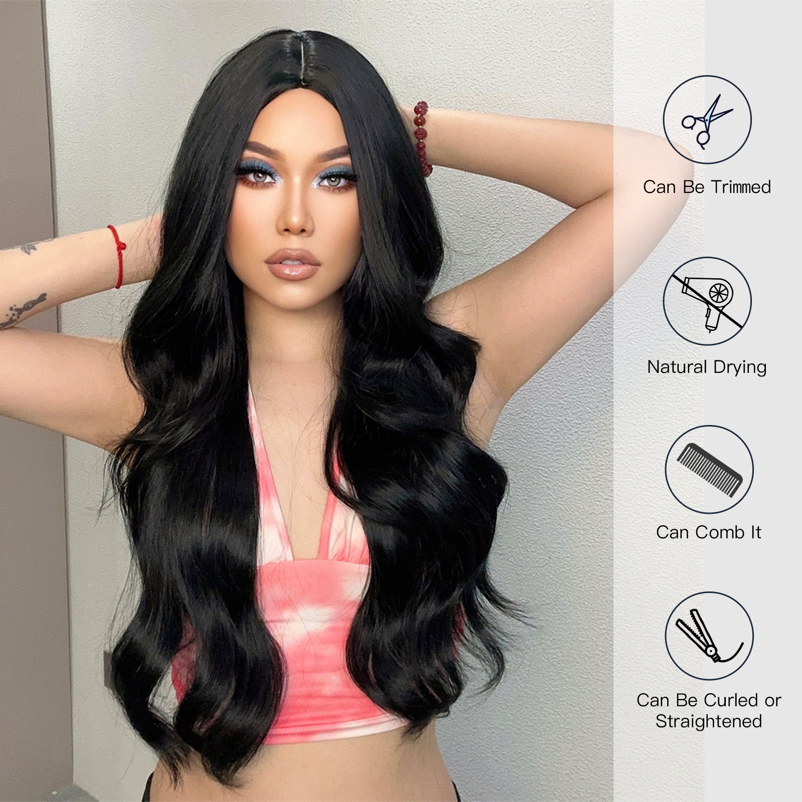 HAIRCUBE Wavy Synthetic for Black Women Long Natural Wigs With Bangs Heat Resistant Daily Cosplay Fake Hair Wig
