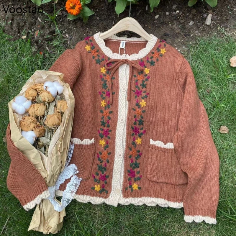 Vintage Cute Knitted Cardigan Women Elegant Sweet Flower Embroidery Jacquard Sweater Jackets Female Casual Long Sleeve Knit Coat