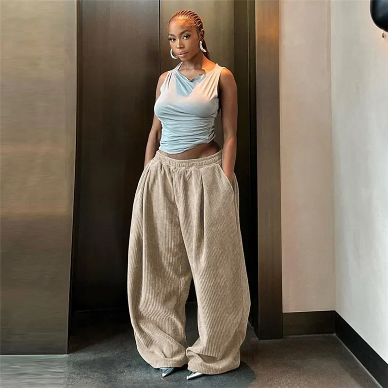 Deeptown Corduroy Oversized Pants Women Y2K Vintage Baggy Wide Leg Casual Pocket Trousers Harajuku Streetwear Sweatpants Korean