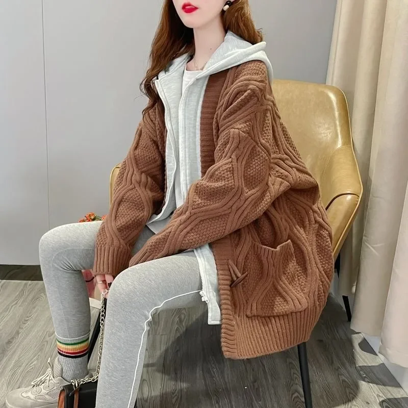 Fake Two-Piece Twist Hooded Sweater Coat Women Autumn And Winter New Y2K Plus Size Loose Long Knit Cardigan in Lazy Wind
