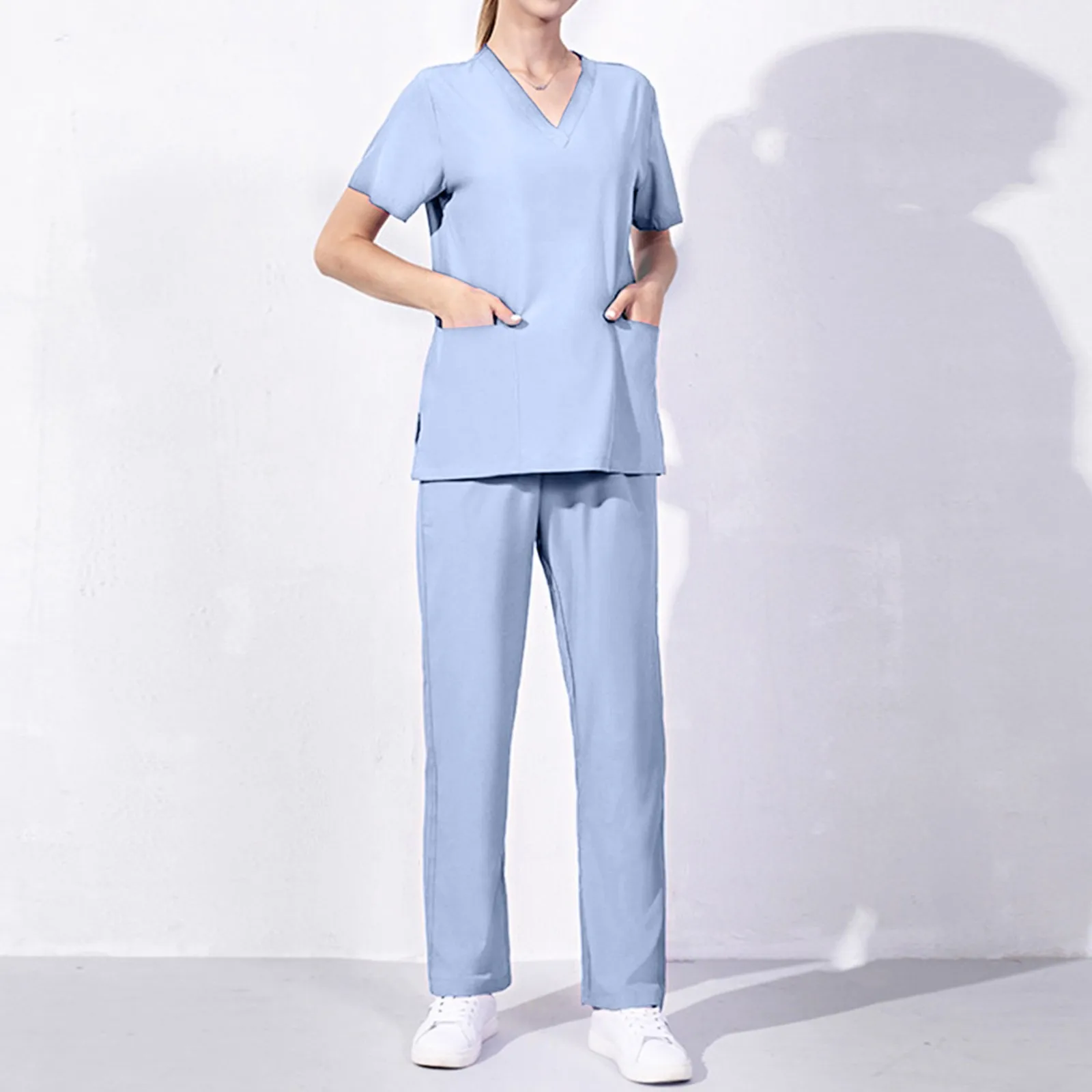 Scrub Uniform Tops Suit Two Piece Workwear Women Short Sleeve Nursed Working T Shirts Top With Pocket Long Pants Solid Color Set