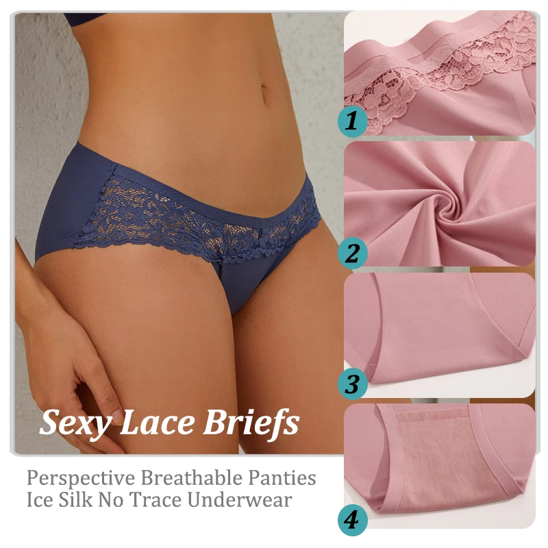 Women Sexy Lace Panties Low Rise Female Underwear Perspective Briefs Ice Silk Breathable Underpants Soft Intimates Lingerie S-XL