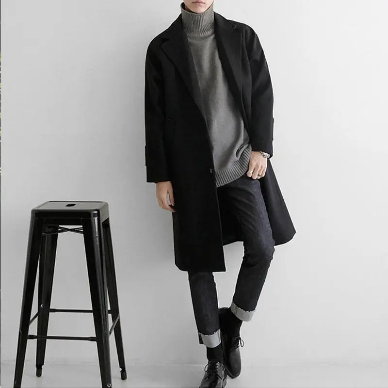 Mafokuwz Japanese Windbreaker Men's Long Thick Warm new Trench Coat Men's Trendy 2025 Men's Loose Woolen Cloth Korean Streetwear Jacket