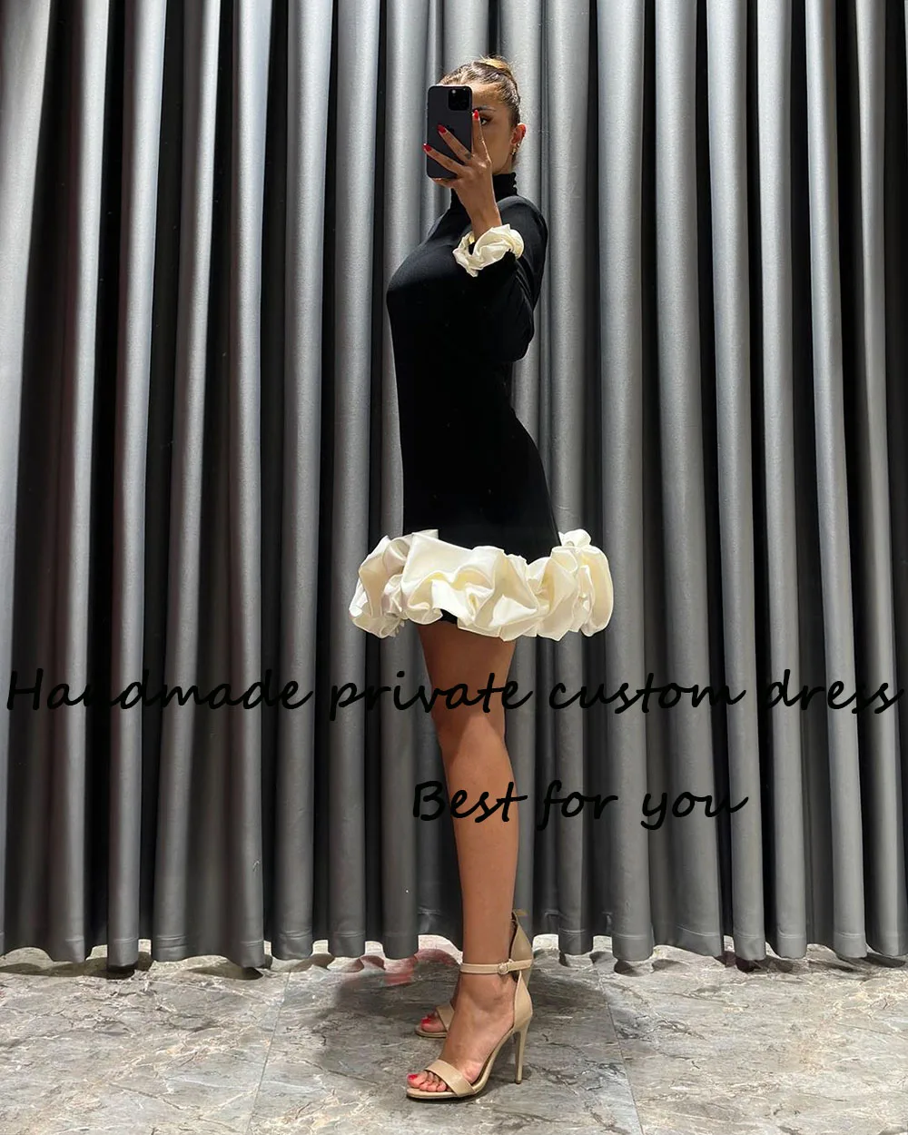 Black White Satin Mermaid Evening Dresses Long Sleeve High Neck Arabic Dubai Formal Gowns Above Knee Prom Party Gown