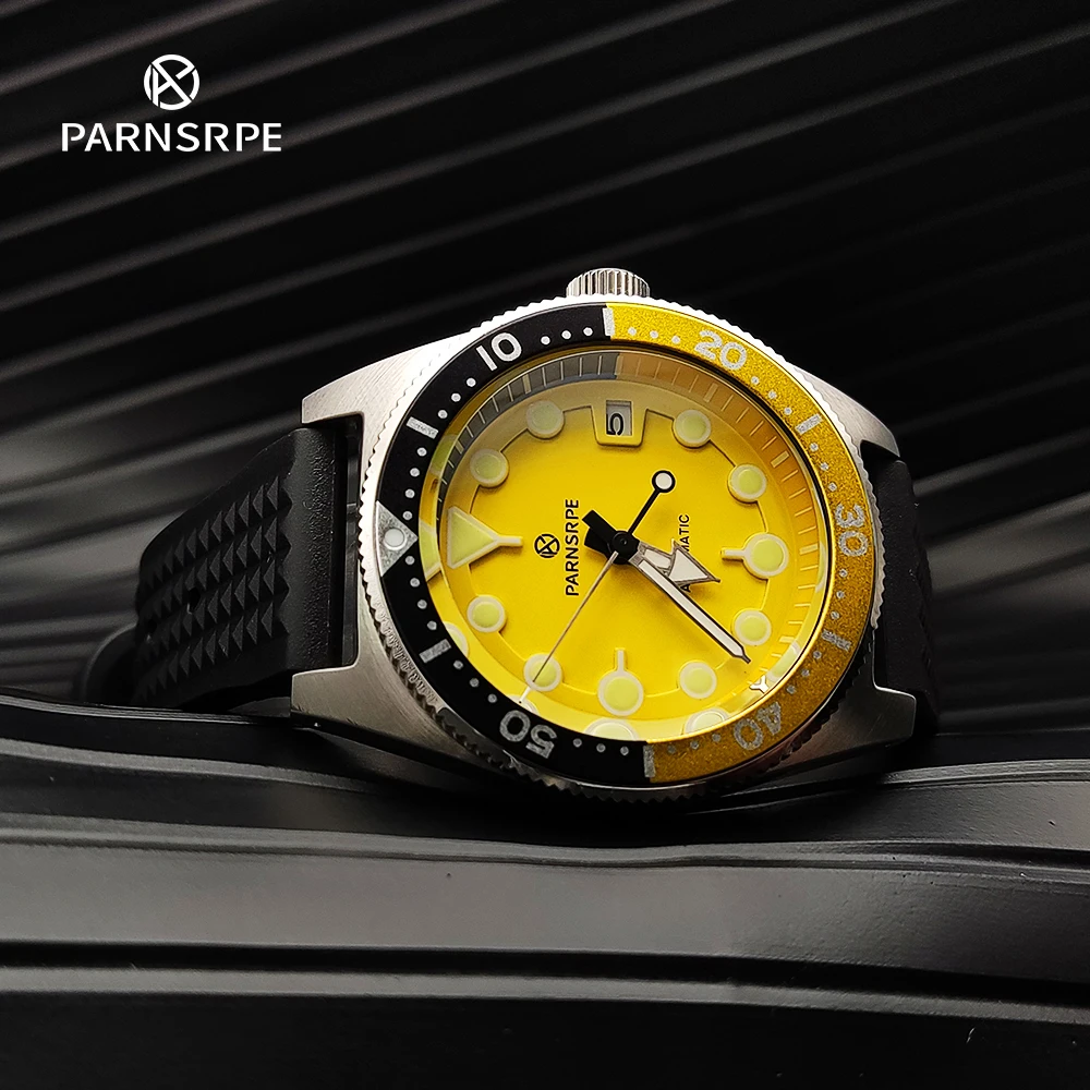 PARNSRPE Luxury Men's Watch 40mm Sapphire Glass Yellow Themed Automatic Mechanical Watch Japan NH35A with Luminous Aseptic Dial