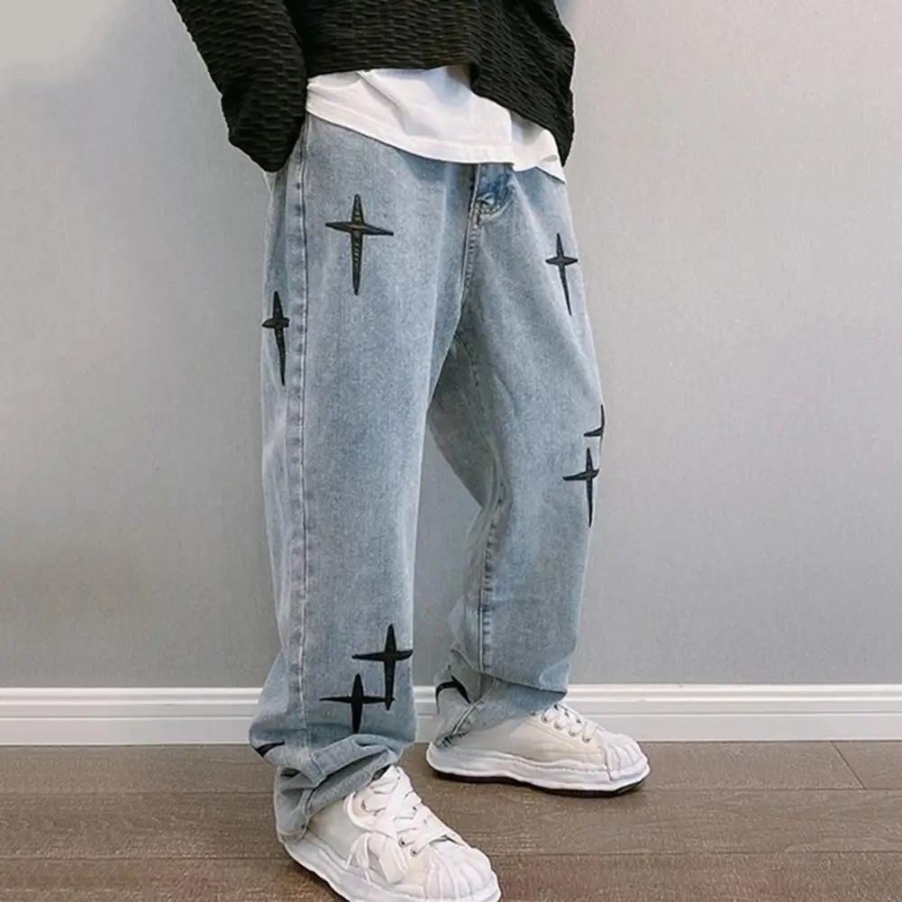 Men Loose Pants Men Jeans Vintage Embroidered Wide Leg Men's Jeans Stylish Streetwear with Soft Breathable Fabric Hip Hop Vibes