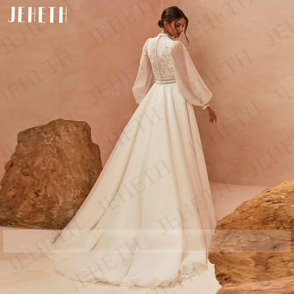 JEHETH Wedding Dresses Boho Vestidos De Boda 2023 Long Puff Sleeves A-Line Bride Gowns High Neck Lace Appliques Bridal Tulle