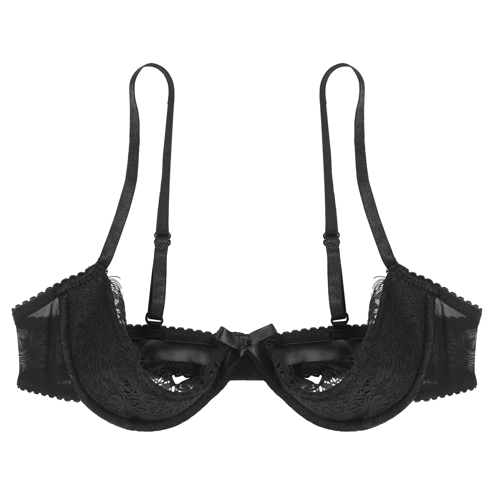 Women's See Through Lace 1/4 Cups Shelf Bra Eyelash Push Up Underwire Bralette Unlined Balconette Brassiere Underwear