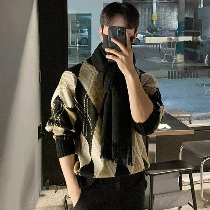HOUZHOU Argyle Sweater Pullover Men's Christmas Grandpa Sweater Korean Casual Vintage Retro Clothes Autumn Streetwear Harajuku
