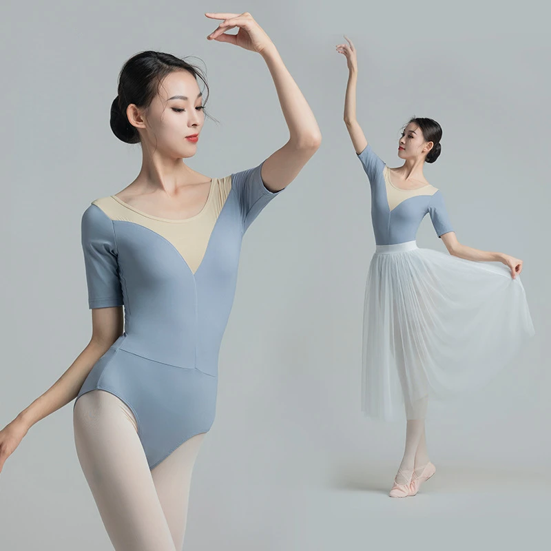 Aerial Ballet Leotard for Women Mid Sleeve Spliced Mesh Fishtail Collar Gymnastics Autumn Student Teacher Basic Practice Dancer
